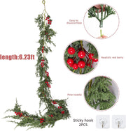Christmas Garland 6 FT Artificial Cedar Pine Garland Realistic Winter Greenery with Red Berries Garland for Christmas Party Xmas Table Mantle Wall Room Outdoor Indoor Winter Decoration