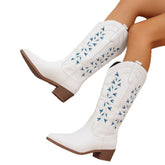 Winter Cowboy Boots Embroidered Pointed Toe Chunky Heel Western Boot Women&