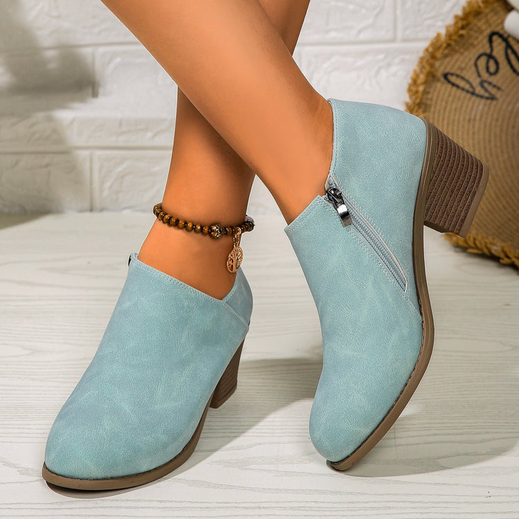 Chunky Heel Round Toe Ankle Boots With Side Zipper Design Fashion Fall Winter Short Boots For Women Shoes - Serenity Spaces