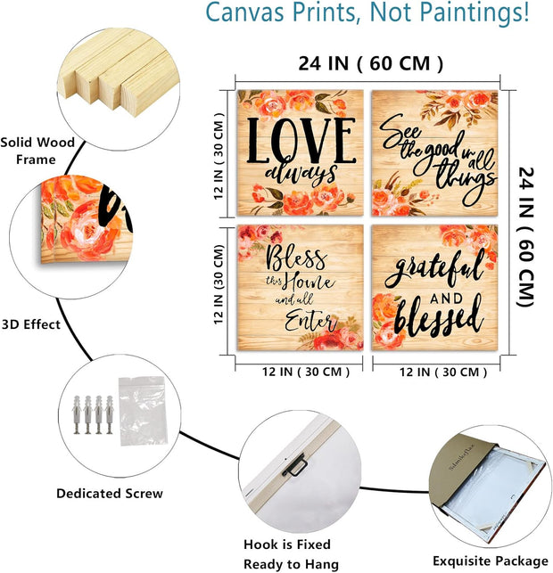 Rustic Blessed Love Sign Wall Art for Living Room Bathroom Decor Wall Art Floral Canvas Wall Art Set, Multi Panel Wood Wall Art Prints 4 Piece 12X12 Inches Farmhouse Wall Art Home Artwork