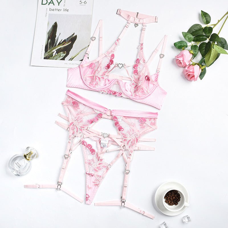Love Drill Buckle Sexy Cutout Embroidered Sexy Lingerie Suit - Serenity Spaces
