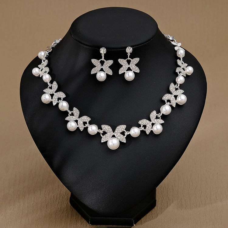 Rhinestone Pearl Earrings And Necklace Set Women - Serenity Spaces