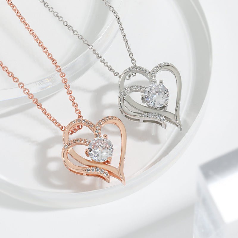 Zircon Double Love Necklace With Rhinestones Ins Personalized Heart - shaped Necklace Clavicle Chain Jewelry For Women Valentine&