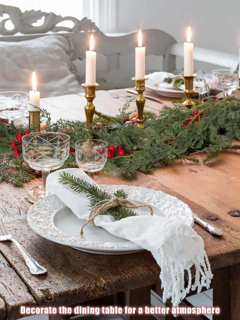 Christmas Garland 6 FT Artificial Cedar Pine Garland Realistic Winter Greenery with Red Berries Garland for Christmas Party Xmas Table Mantle Wall Room Outdoor Indoor Winter Decoration