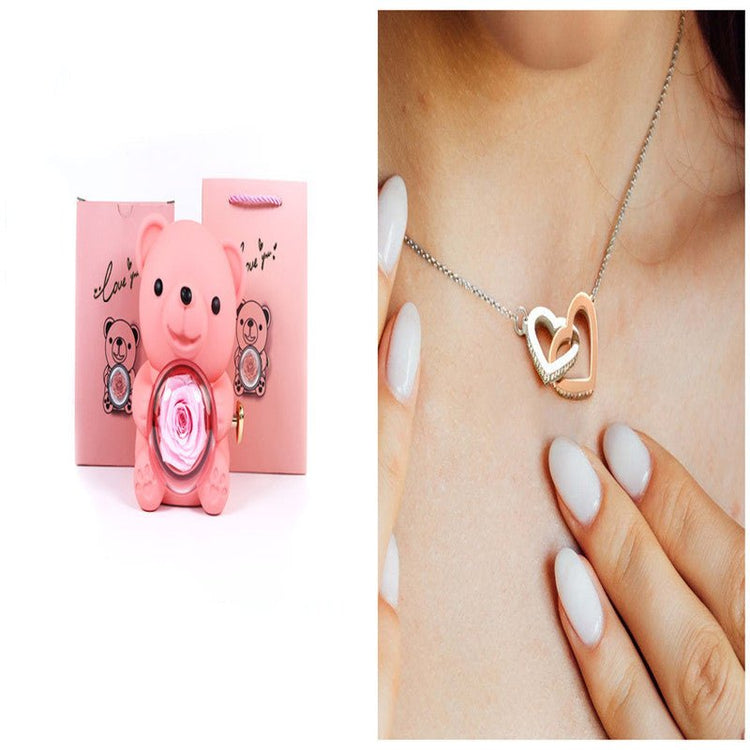 Eternal Rose Teddy Bear Gifts Box With Necklace Rotate Rose Jewelry Box Valentine Wedding Storage Gift Case For Women Girlfriend - Serenity Spaces