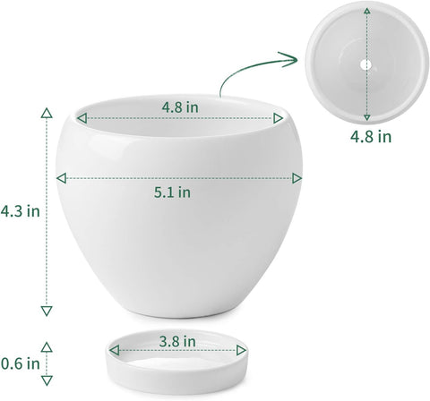 050601 Ceramic Plant Pot Planter - 4.8 Inch White Planters for Indoor Plants Flower Succulent with Drainage Hole Saucer
