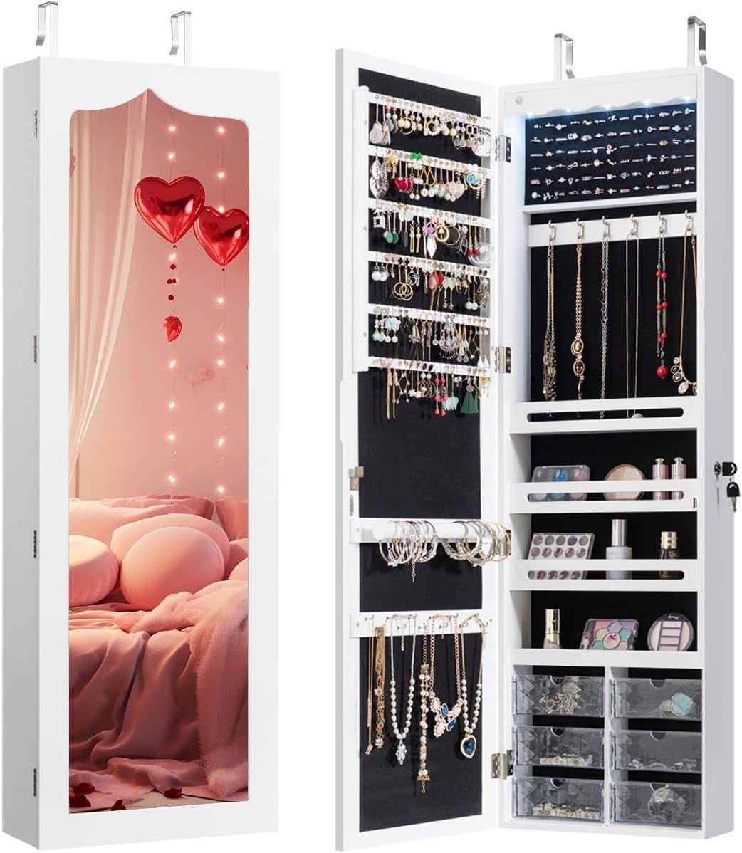 Jewelry Cabinet Armoire, Wall Mount Door Hanging, Lockable Jewelry Organizer with 47.5&