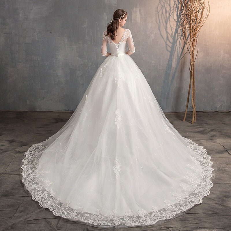 Wedding Dress Trailing Deep V Neck Lace High Waist Wedding Dress Long Sleeves - Serenity Spaces