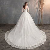 Wedding Dress Trailing Deep V Neck Lace High Waist Wedding Dress Long Sleeves - Serenity Spaces