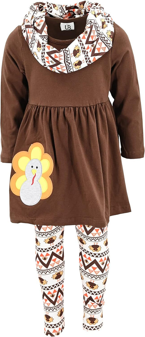 Girls Kids Toddler 3Pc Outfit Set Long Sleeve Cotton Blend Tunic Top Leggings and Scarf