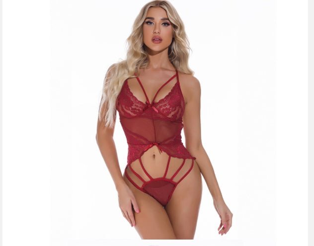 Dark Button Lingerie Lace Stitching Perspective Wrap Chest Sling Jumpsuit Women - Serenity Spaces
