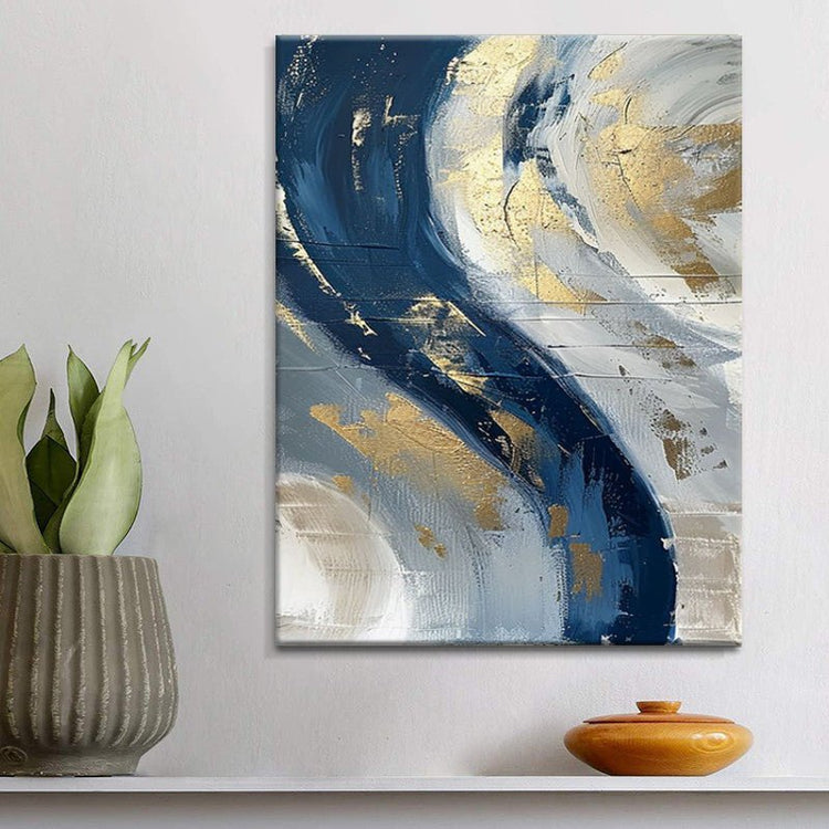 Luxury Handmade Abstract Oil Painting Wall Art Modern Golden Blue Minimalist Texture Canvas Mural For Living Room Decor Frameless - Serenity Spaces