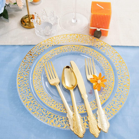 150Pcs Clear Gold Lace Plastic Party Plates Disposable Dinnerware Set Include 30 Dinner Plate-30 Dessert Plate-90 Gold Silverware Perfect for Birthday Wedding Party Dinner