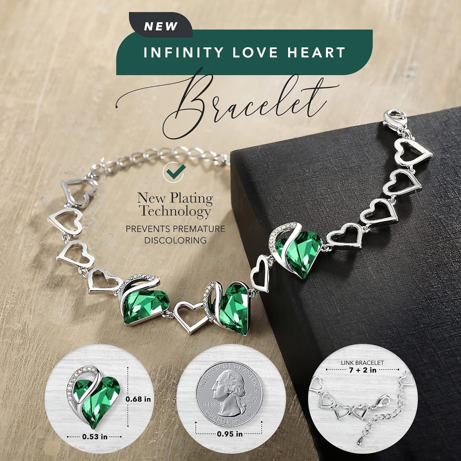 Infinity Love Heart Link Bracelets, Birthstone or Healing Stone Crystal Bracelet for Women, Silver Tone Jewelry Gifts for Her, 7 - Inch Chain and 2 - Inch Extender - Serenity Spaces