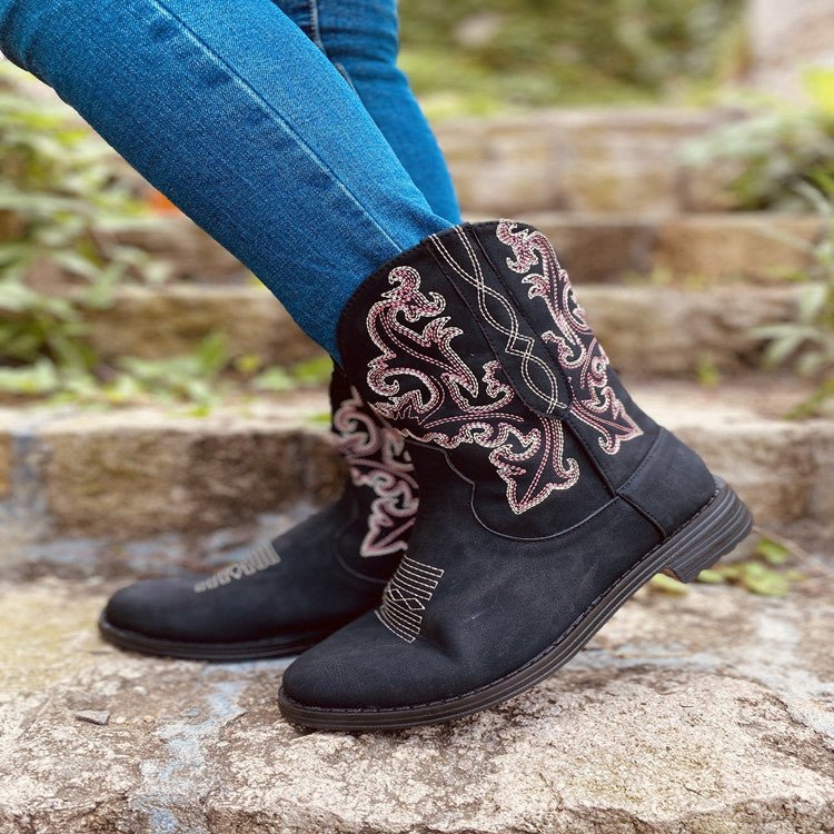 Short boots round head embroidered fashion boots - Serenity Spaces