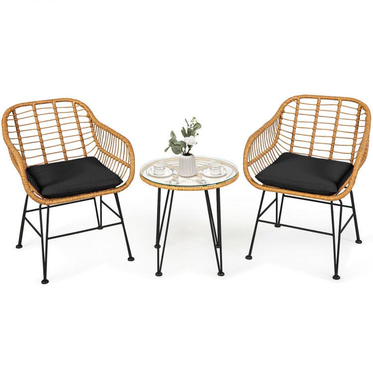 3 Pieces Rattan Furniture Set With Cushioned Chair Table - Serenity Spaces
