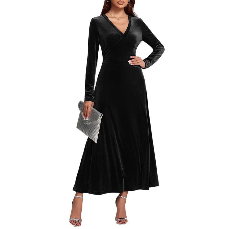 V - neck Long Sleeve Evening Dress Pleuche Dress - Serenity Spaces