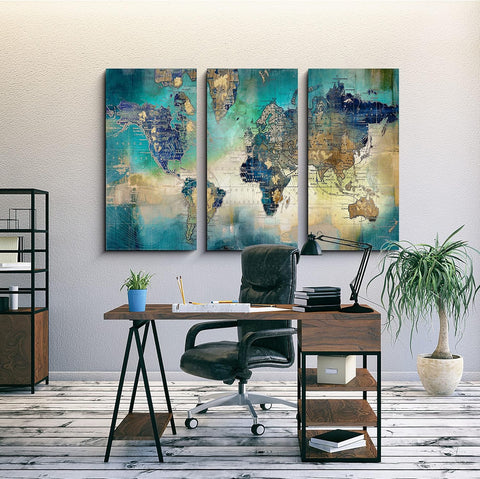 Canvas Wall Art for Living Room - World Map Wall Decor - Large Wall Art for Bedroom - Office Artwork - Map Wall Art 16"X32" 3 Piece Canvas Wall Art