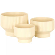 7 In., 6 In. and 5 In. Small Cream Ceramic Wide Planter with Linear Grooves and Tapered Bases (3-Pack)