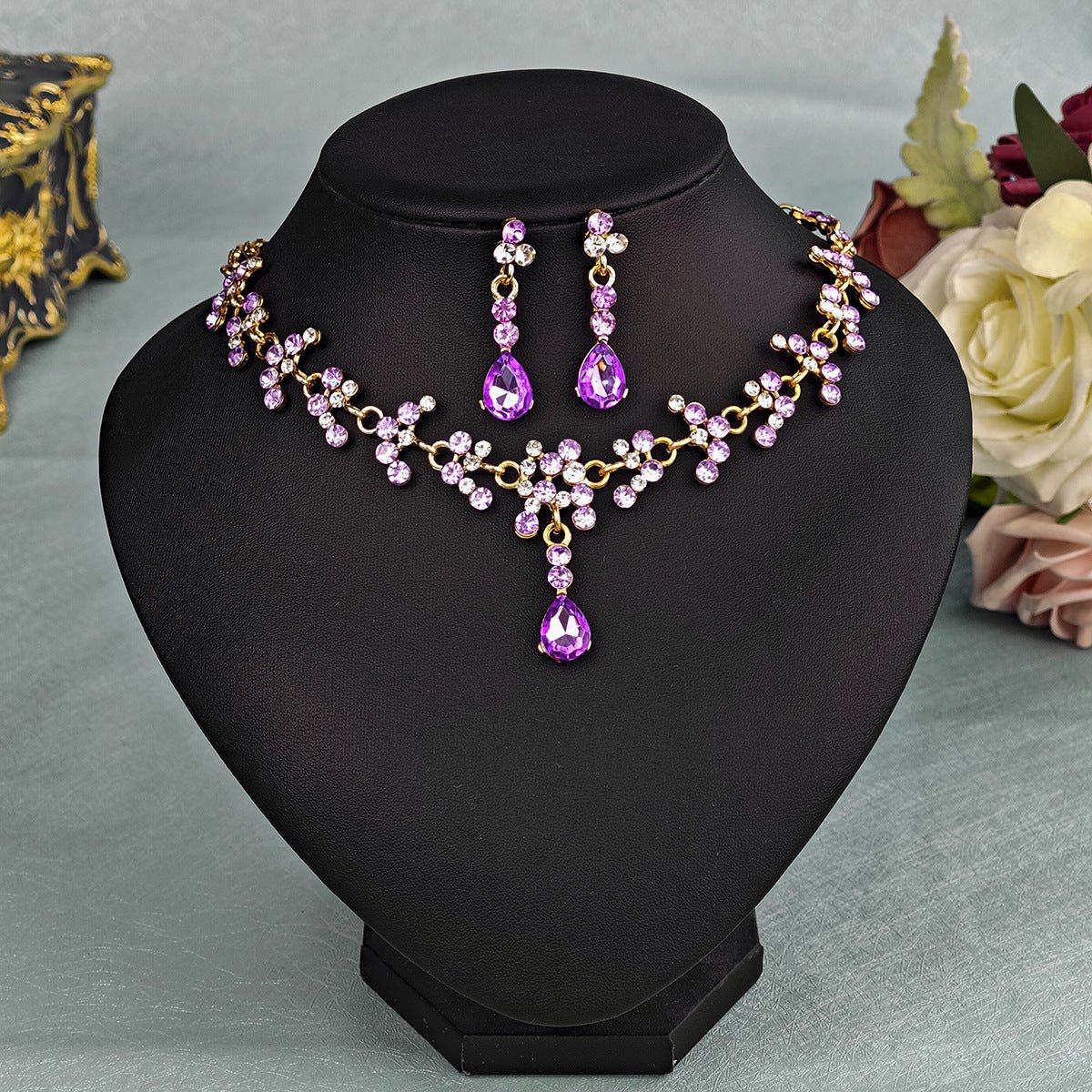 Rhinestone Pearl Earrings And Necklace Set Women - Serenity Spaces
