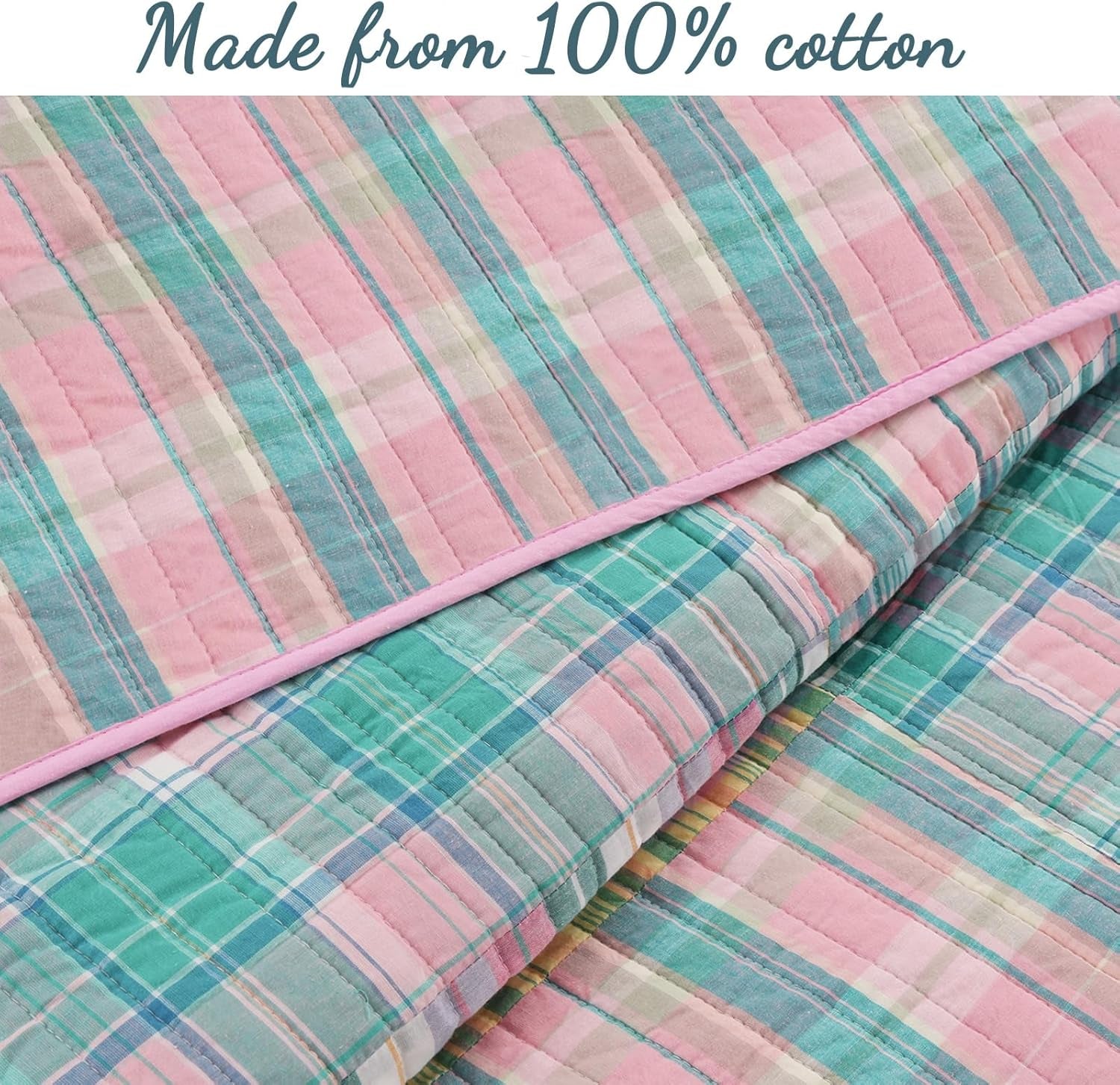 100% Cotton Real Patchwork Pink Blue Green Reversible Quilt Bedding Set, Bedspread, Coverlet (Pink Plaid, Queen - 3 Piece) - Serenity Spaces