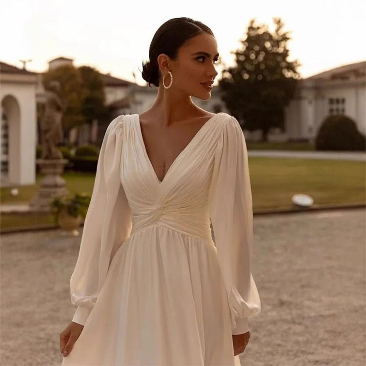 Bridal Chiffon Deep V Satin Long Sleeve Light Yarn Gown - Serenity Spaces