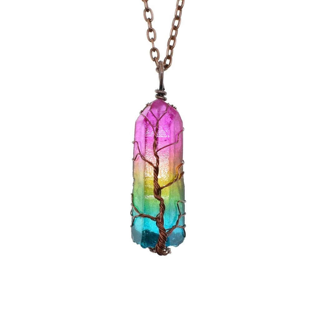 Hot Selling Stone Crystal Pillar Tree Of Life Pendant Ins Fashion Necklace - Serenity Spaces