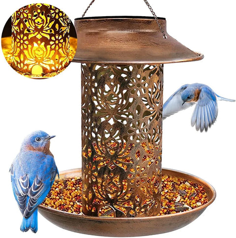 Solar Bird Feeder Hanging with LED Solar Powered Light for outside Garden Decor Waterproof Retro Metal Garden Lantern Birdfeeders for Yard Outdoor Home Decoration