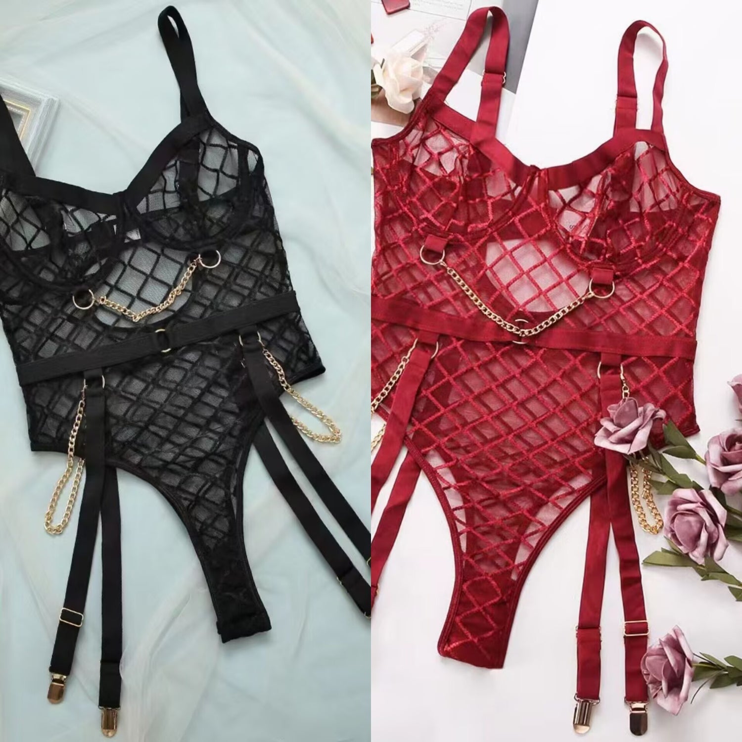 One - piece Lingerie One Piece Metal Chain Grid Passion Sexy Underwear - Serenity Spaces