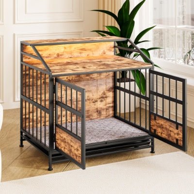 Multi - function Furniture Style Dog Crates With Storage, Dog Crate Furniture Large Wooden Dog Kennel With Double Doors, For Large Medium Dog Indoor, Brown - Serenity Spaces