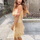 Sexy Tassel Sequins Feather Summer Mini Dress Women V Neck Spaghetti Strap Stitching Dresses Female Elegant Evening Party Club Dress - Serenity Spaces