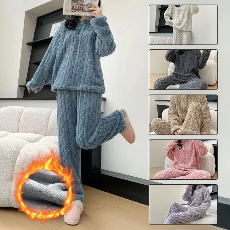 Autumn And Winter Zippered Fleece - lined Thick Coral Pajamas Loungewear Sleepwear - Serenity Spaces