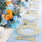 150Pcs Clear Gold Lace Plastic Party Plates Disposable Dinnerware Set Include 30 Dinner Plate-30 Dessert Plate-90 Gold Silverware Perfect for Birthday Wedding Party Dinner