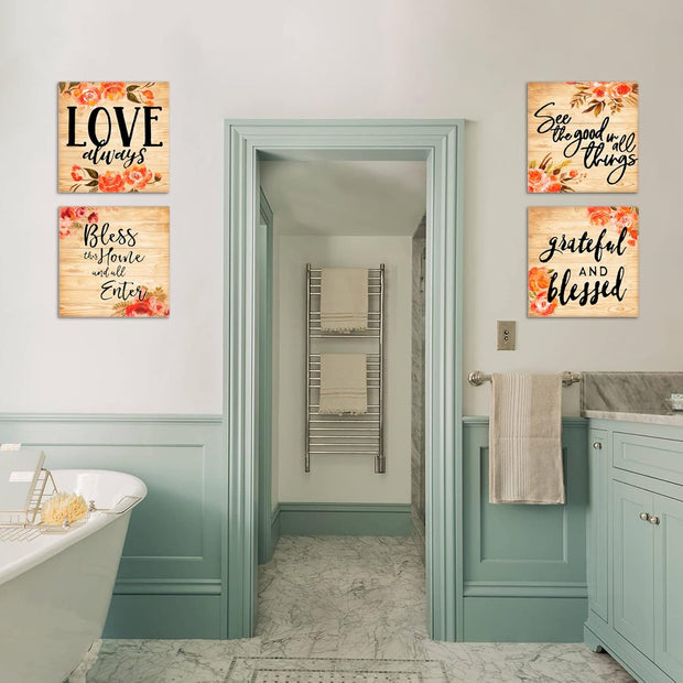 Rustic Blessed Love Sign Wall Art for Living Room Bathroom Decor Wall Art Floral Canvas Wall Art Set, Multi Panel Wood Wall Art Prints 4 Piece 12X12 Inches Farmhouse Wall Art Home Artwork