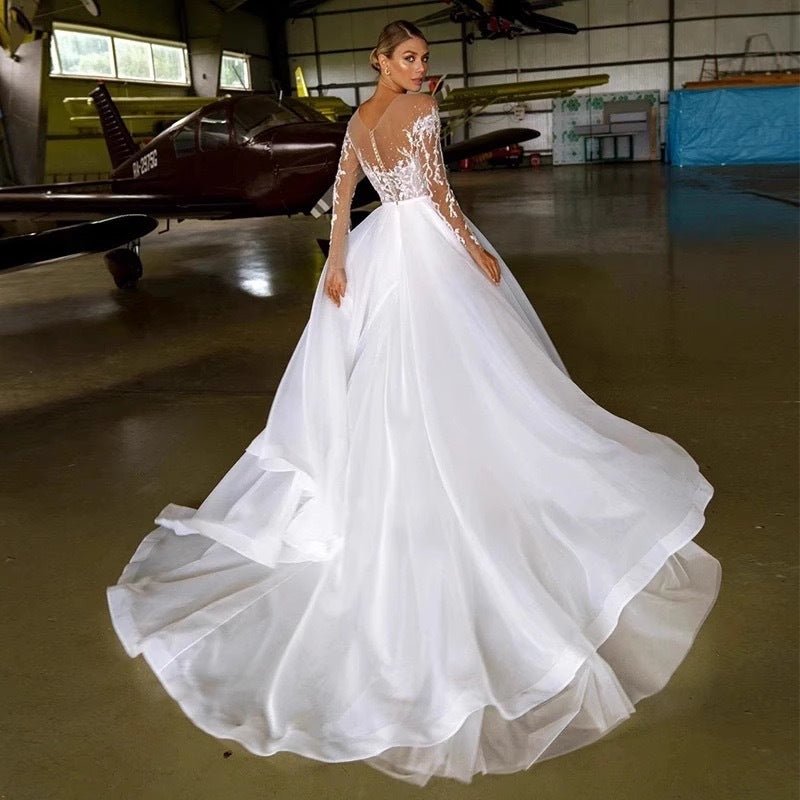 Embroidered Long Sleeve Off - the - shoulder Wedding Dress - Serenity Spaces