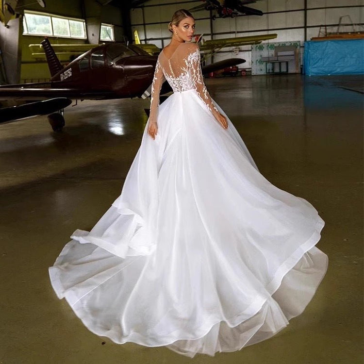 Embroidered Long Sleeve Off - the - shoulder Wedding Dress - Serenity Spaces