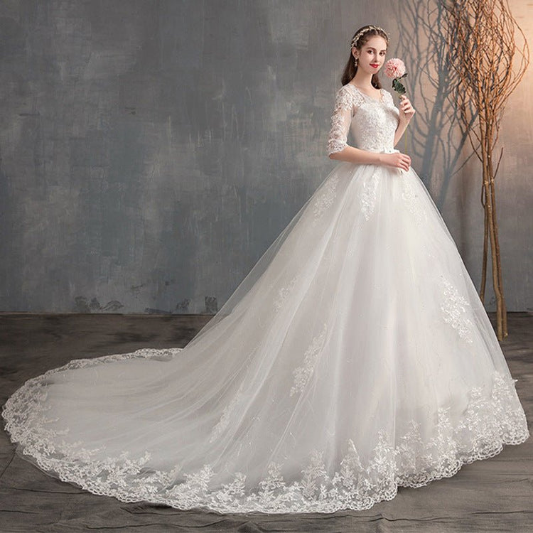 Wedding Dress Trailing Deep V Neck Lace High Waist Wedding Dress Long Sleeves - Serenity Spaces