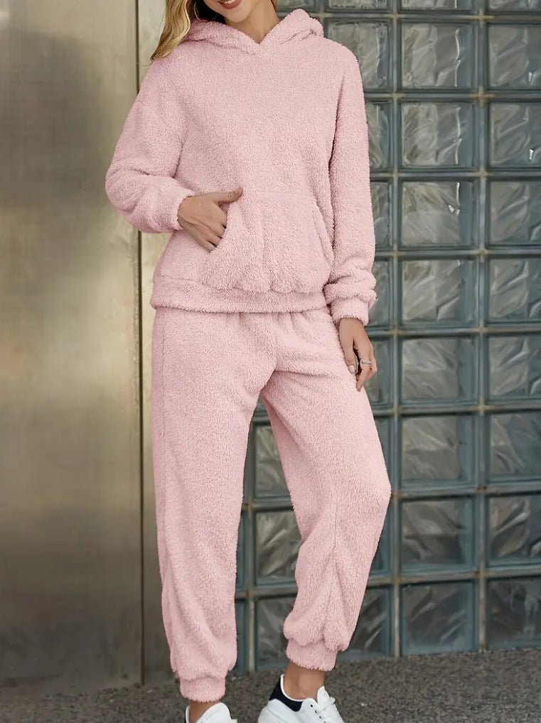 Winter Plush Pajama Set Fashion Casual Hooded Top and Elastic Band Pants Warm Set - Serenity Spaces
