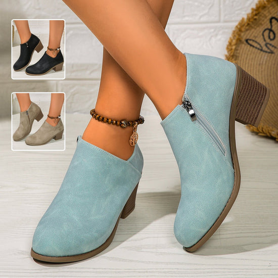 Chunky Heel Round Toe Ankle Boots With Side Zipper Design Fashion Fall Winter Short Boots For Women Shoes - Serenity Spaces