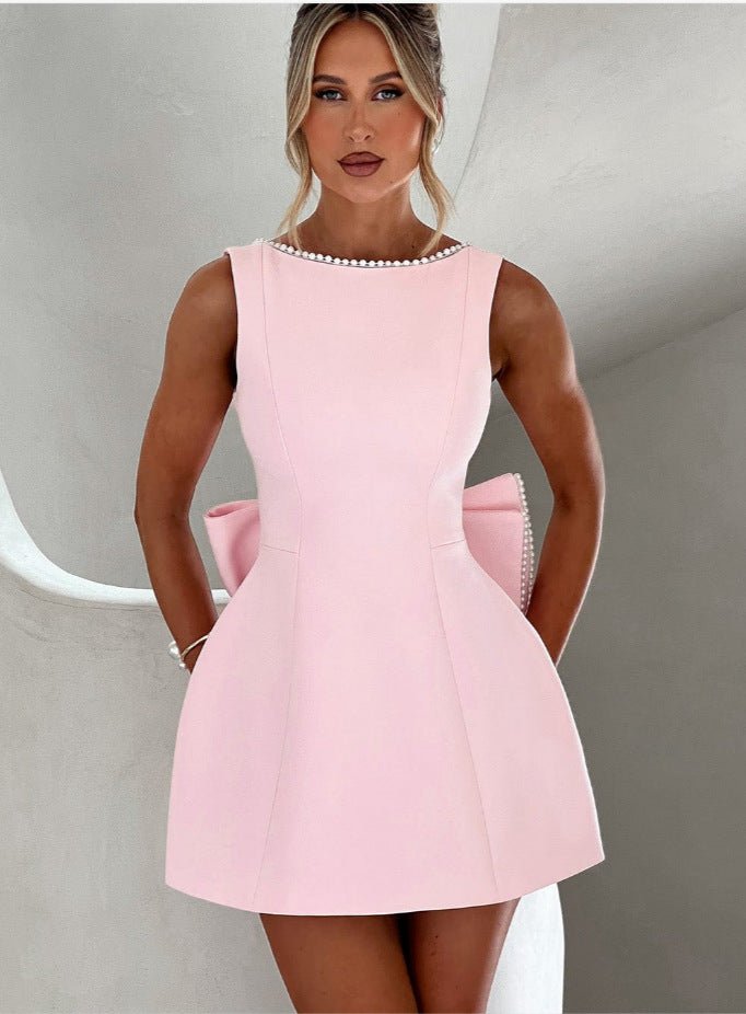 Fashion Big - Bowed Pearls Backless Dress Summer Slim Sleeveless A - line Dresses For Party Evening Women&