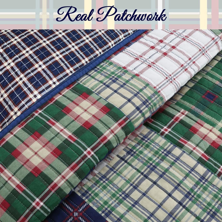 Navy Blue Green Red Plaid 100% Cotton Quilt Bedding Set, Reversible Coverlet, Bedspread (England Patchwork, Queen - 3 Piece) - Serenity Spaces