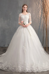 Wedding Dress Trailing Deep V Neck Lace High Waist Wedding Dress Long Sleeves - Serenity Spaces