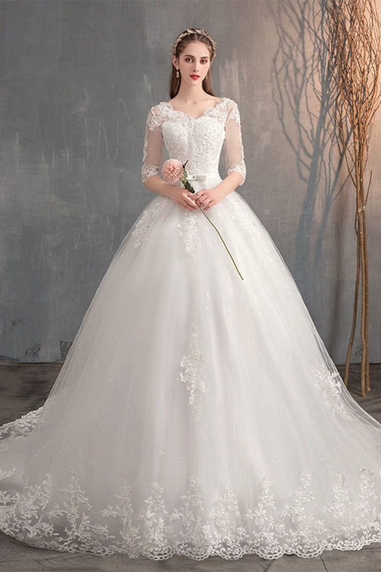 Wedding Dress Trailing Deep V Neck Lace High Waist Wedding Dress Long Sleeves - Serenity Spaces