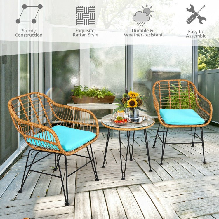 3 Pieces Rattan Furniture Set With Cushioned Chair Table - Serenity Spaces