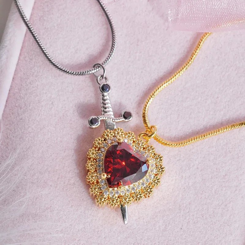 Gothic Punk One Arrow Through The Heart Creative Two Color Couple Necklace Red Rhinestone Heart Dagger Necklace Good Friend Gift Fashion Jewelry - Serenity Spaces