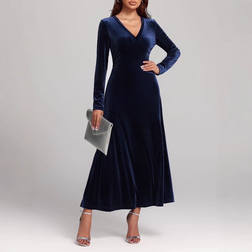 V - neck Long Sleeve Evening Dress Pleuche Dress - Serenity Spaces