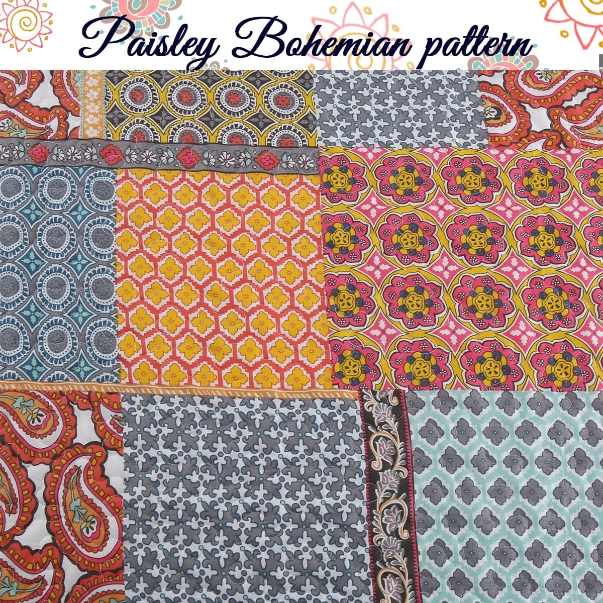 Tangerine Orange Gray Blue Motif Geometric Ogee Paisley Reversible Quilt Bedding Set, Bedspread, Coverlet Lightweight for All Seasons (Antique Chic, King - 3 Piece) - Serenity Spaces