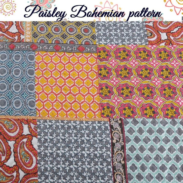 Tangerine Orange Gray Blue Motif Geometric Ogee Paisley Reversible Quilt Bedding Set, Bedspread, Coverlet Lightweight for All Seasons (Antique Chic, King - 3 Piece) - Serenity Spaces