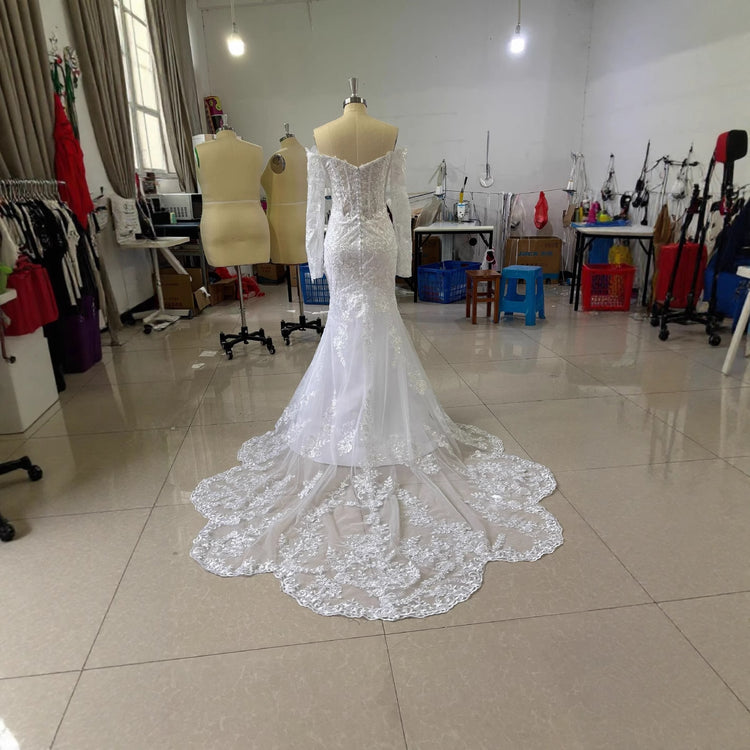 Off - shoulder Lace Long Sleeve Fishtail Gown - Serenity Spaces