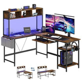 L Shaped Gaming Desk 67, Reversible Computer Desks With Led Lights Corner Table With Keyboard Tray Side Bag Storage Shelf Metal Frame - Serenity Spaces